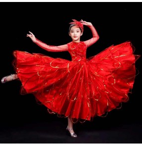 Girls kids red flamenco dance dress paso double spanish bull dance skirts for children choir opening dance large swing skirts ballroom dress